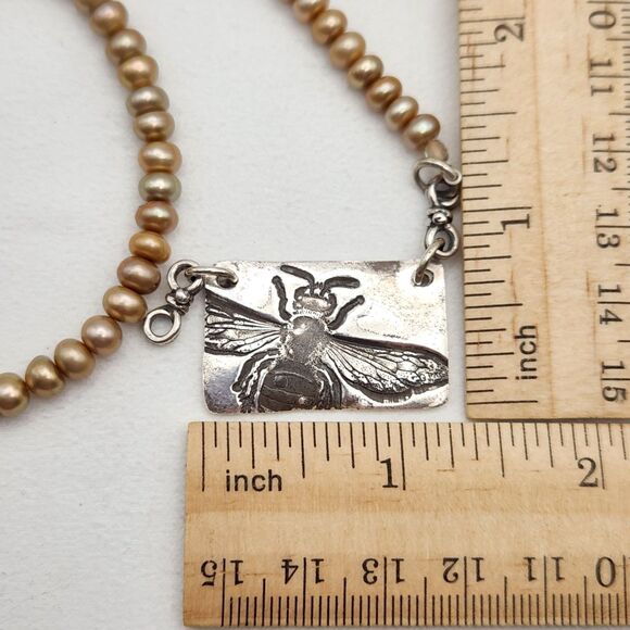Sterling 925 Honey Bee Necklace 19" Womens Real Iridescent Champagne Pearl RARE - Picture 5 of 7
